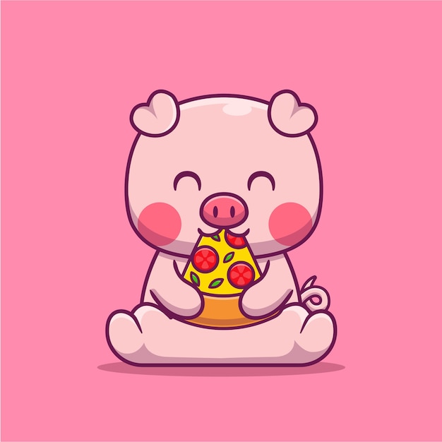 Free Vector cute pig eating pizza cartoon  illustration. animal food  concept isolated  flat cartoon 