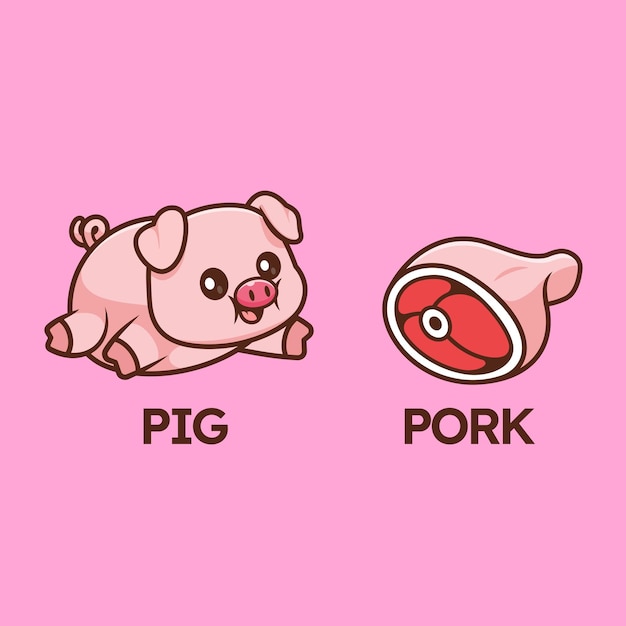 Free Vector cute pig and pork meat cartoon vector icon illustration animal food icon isolated flat vector