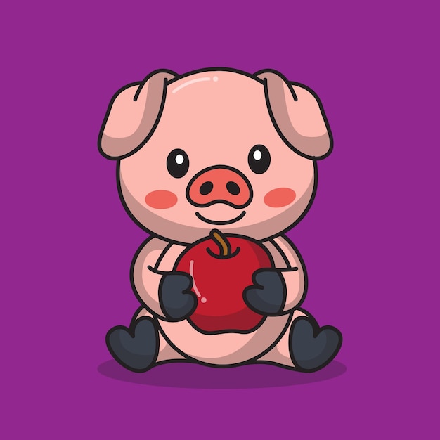 Free Vector cute pig with apple icon vector