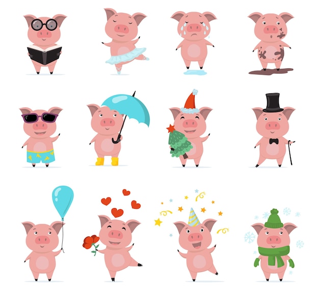 Cute piggy characters flat set