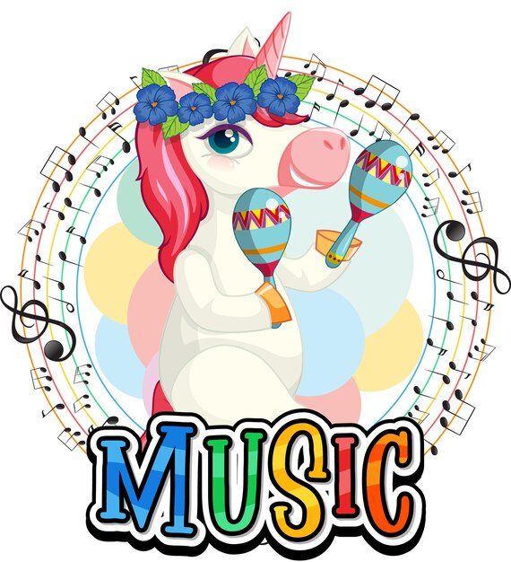 Cute pink unicorn shaking maracas with music notes on white back