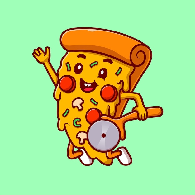 Cute Pizza Holding Pizza Cutter Cartoon Vector Icon Illustration Food Holiday Icon Concept Isolated