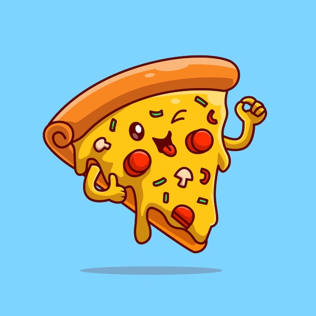 Free vector cute pizza slice melted with thumbs up cartoon vector icon illustration. food object icon isolated