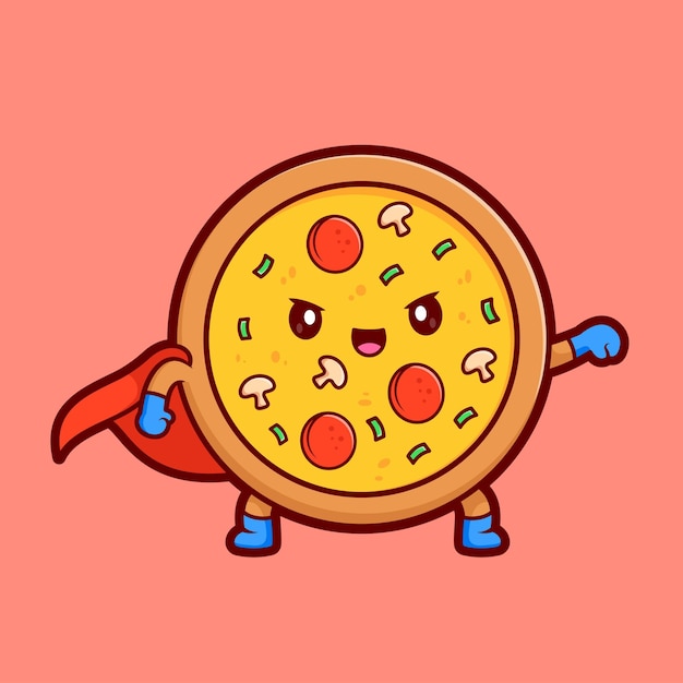 Free Vector cute pizza super hero cartoon vector icon illustration food holiday icon isolated flat vector