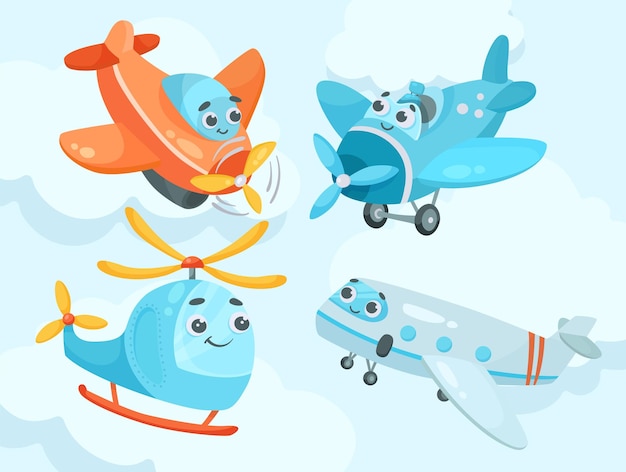 Cute plane and helicopter characters cartoon illustration set. Funny and adorable airplanes, aircrafts or aeroplanes with faces. Air transport, vehicle, toy concept