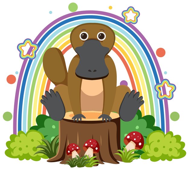 Cute platypus on stump in flat cartoon style