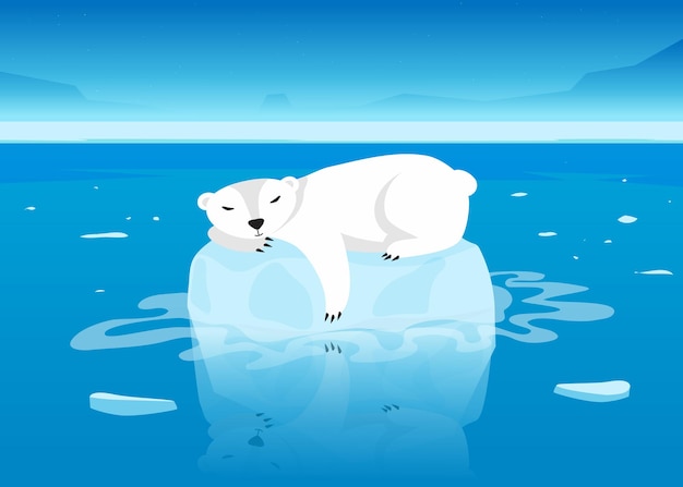 Free Vector cute polar bear character sleeping on floating glacier in ocean. white arctic mammal lying on small iceberg in open sea cartoon illustration