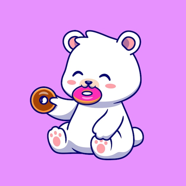 Free Vector cute polar bear eating doughnut cartoon vector icon illustration. animal food icon concept isolated premium vector. flat cartoon style