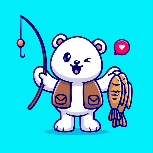 Cute Polar Bear Fishing With Fishing Rod And Fish Cartoon Vector Icon Illustration Animal Nature