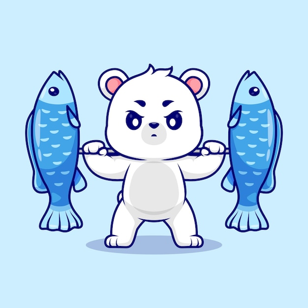 Cute Polar Bear Lifting Fish Barbell Cartoon Vector Icon Illustration Animal Sport Icon Isolated