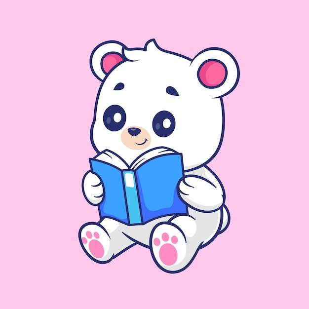 Cute Polar Bear Reading Book Cartoon Vector Icon Illustration Animal Education Isolated Flat Vector