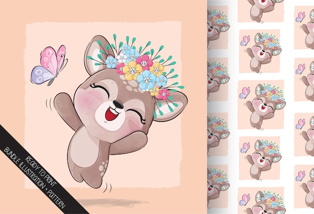 Cute pretty Deer with flower and butterfly illustration Illustration and pattern set