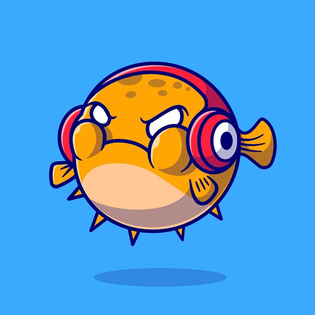 Cute Puffer Fish Angry And Wearing Headphone Cartoon Vector Icon Illustration. Animal Technology Icon Concept Isolated Premium Vector. Flat Cartoon Style