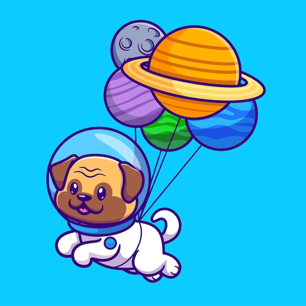 Cute Pug Dog Astronaut Floating With Planet Balloon Cartoon Vector Icon Illustration Animal Science