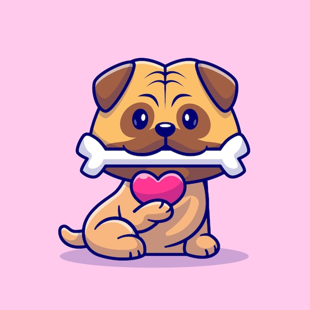 Cute Pug Dog Bite Bone And Holding Love Cartoon Vector Icon Illustration Animal Nature Isolated