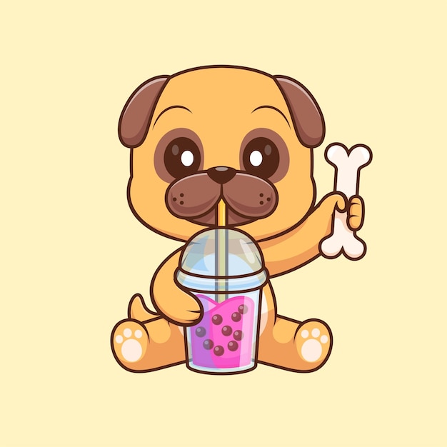 Free Vector cute pug dog drinking boba milk tea with bone cartoon vector icon illustration animal drink isolated