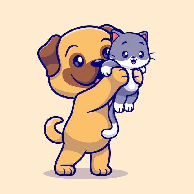 Cute Pug Dog Holding Baby Cat Cartoon Vector Icon Illustration Animal Nature Icon Concept Isolated