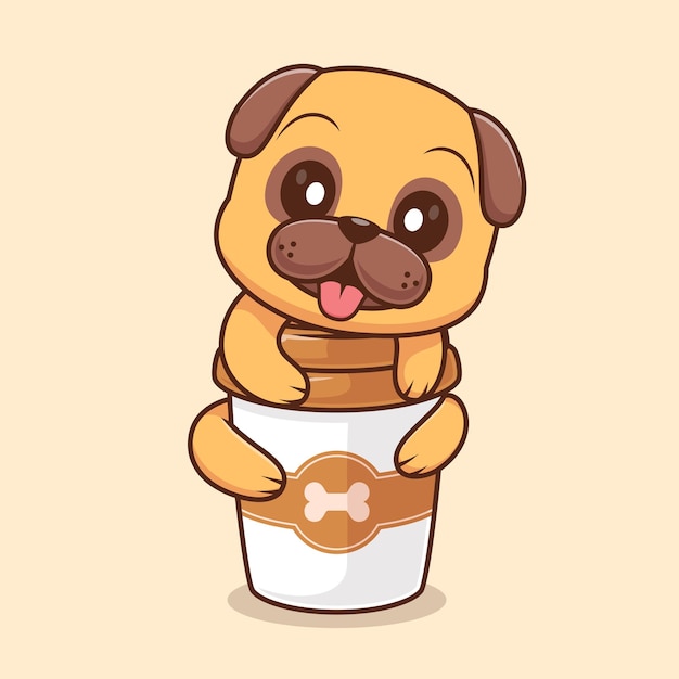 Cute Pug Dog Hug Coffee Cup Cartoon Vector Icon Illustration Animal Drink Icon Isolated Flat Vector