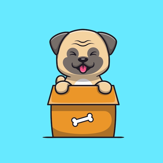 Cute Pug Dog Playing In Box Cartoon 