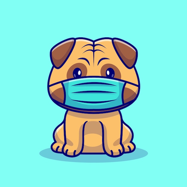 Cute Pug Dog Sitting And Wearing Mask Cartoon Vector Icon Illustration Animal Healthy Icon Isolated