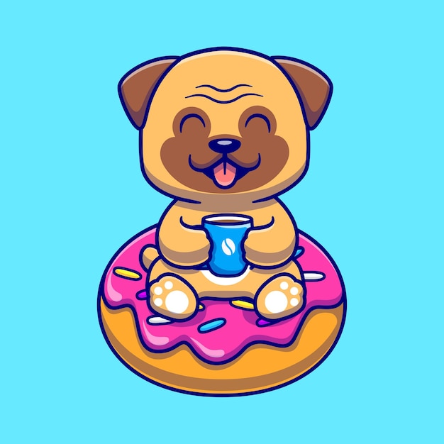 Cute Pug Dog With Coffee And Doughnut Cartoon Vector Icon Illustration. Animal Food Icon Concept Isolated Premium Vector. Flat Cartoon Style