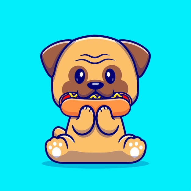 Cute Puk Dog Eating Hot Dog Cartoon Vector Icon Illustration. Animal Food Icon Concept Isolated Premium Vector. Flat Cartoon Style