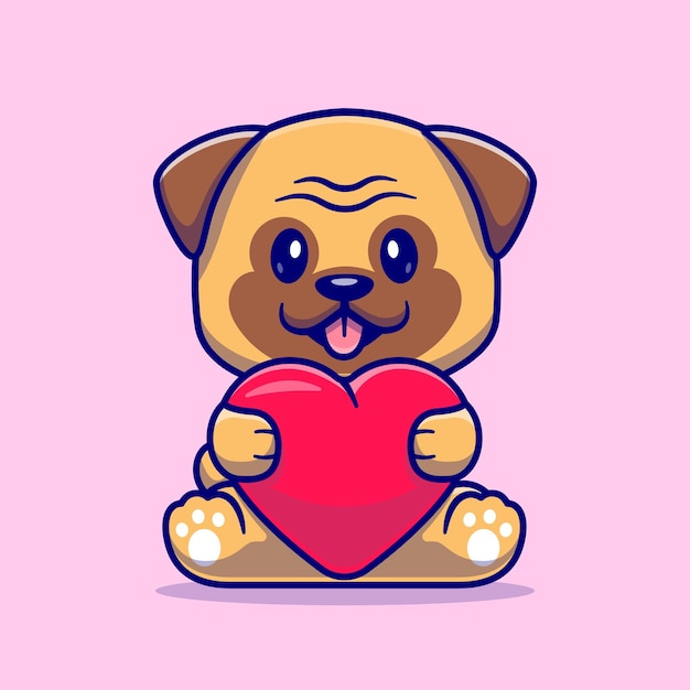 Cute Puk Dog Holding Love Cartoon Vector Icon Illustration. Animal Love Icon Concept Isolated Premium Vector. Flat Cartoon Style