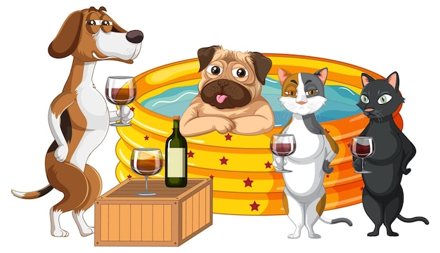 Cute puppy dogs and cats party in rubber swimming pool