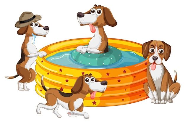 Free Vector cute puppy dogs party in rubber swimming pool