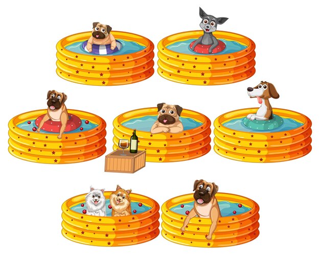 Free vector cute puppy dogs party in rubber swimming pool