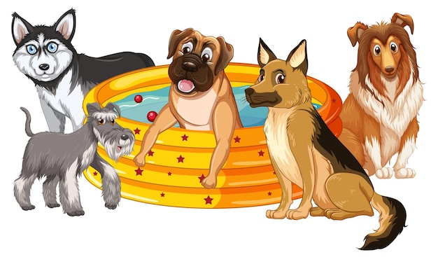 Free Vector cute puppy dogs  in rubber swimming pool