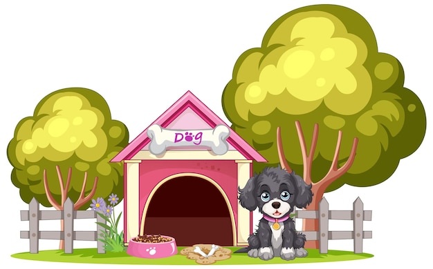 Free vector cute puppy outside its doghouse