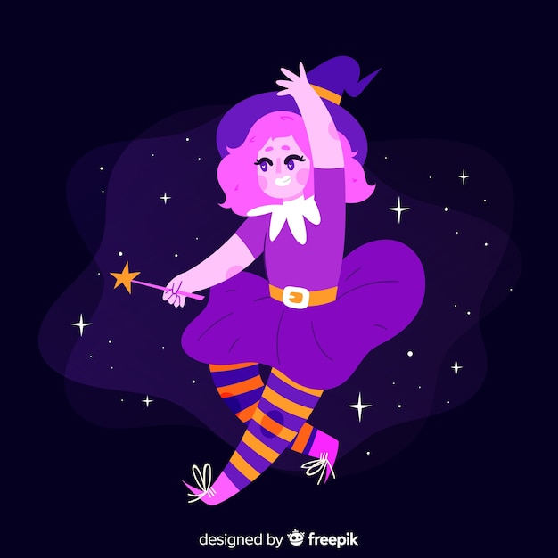 Free Vector cute purple halloween witch