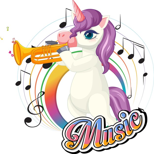 Cute purple unicorn blowing trumpet with music notes on white ba