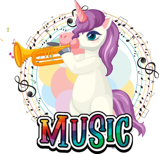 Cute purple unicorn blowing trumpet with music notes on white ba