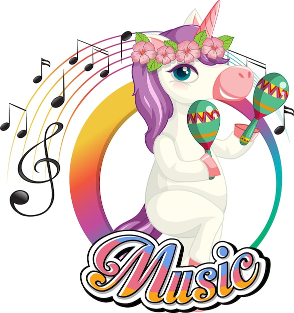 Cute purple unicorn shaking maracas with music notes on white ba