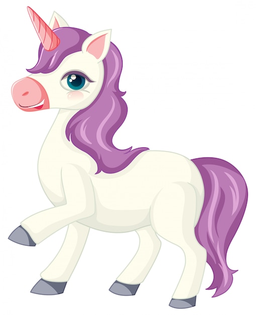 Cute purple unicorn in standing position on white background