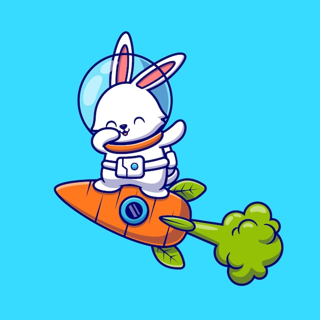 Cute Rabbit Astronaut Dabbing And Flying With Carrot Rocket Cartoon   Icon Illustration. Animal Technology Icon Concept Isolated    . Flat Cartoon Style