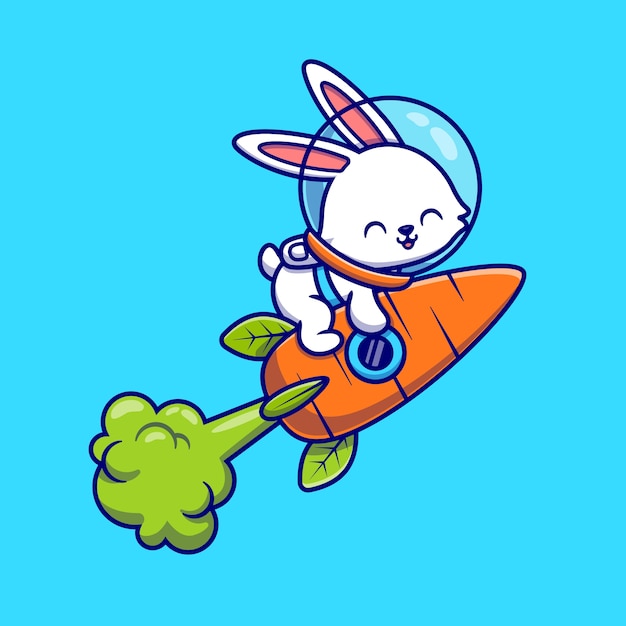 Cute Rabbit Astronaut Flying With Carrot Rocket Cartoon   Icon Illustration. Animal Technology Icon Concept Isolated  . Flat Cartoon Style