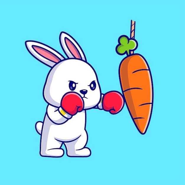 Free vector cute rabbit boxing carrot cartoon vector icon illustration. animal sport icon concept isolated flat