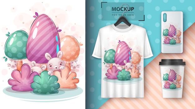 Free Vector cute rabbit in the bush poster and merchandising.