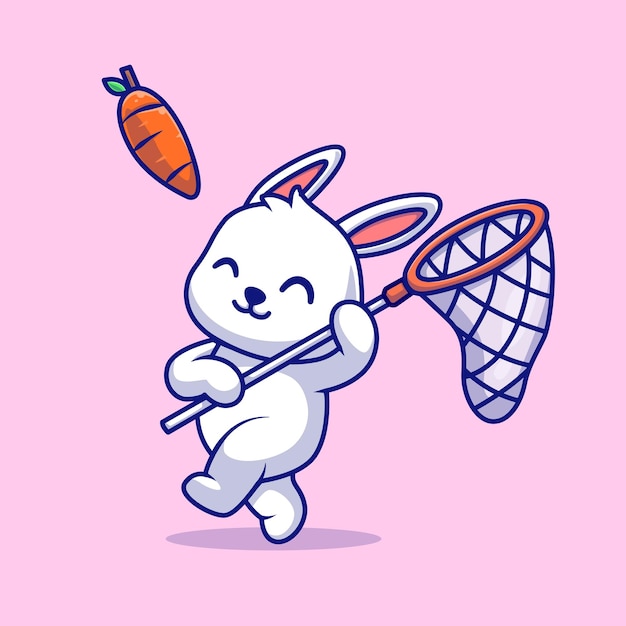 Free vector cute rabbit catching carrot with fishing net cartoon vector icon illustration. animal nature icon