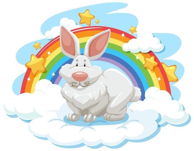 Cute rabbit on the cloud with rainbow