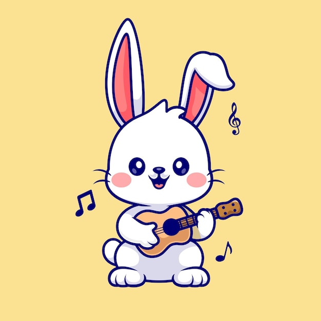 Cute Rabbit Playing Guitar Cartoon Vector Icon Illustration. Animal Music Icon Concept Isolated Flat