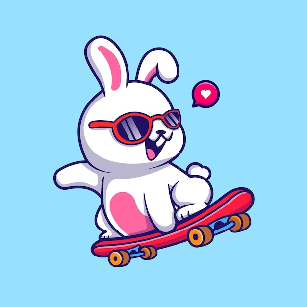 Cute Rabbit Playing Skateboard And Wearing Glasses Cartoon Vector Icon Illustration Animal Sport