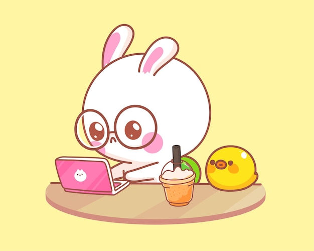 Cute rabbit with duck working on laptop cartoon illustration