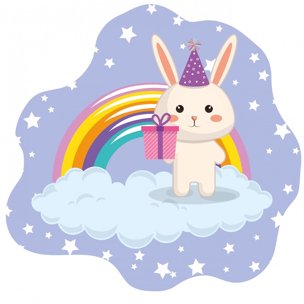 Free Vector cute rabbit with rainbow kawaii birthday card