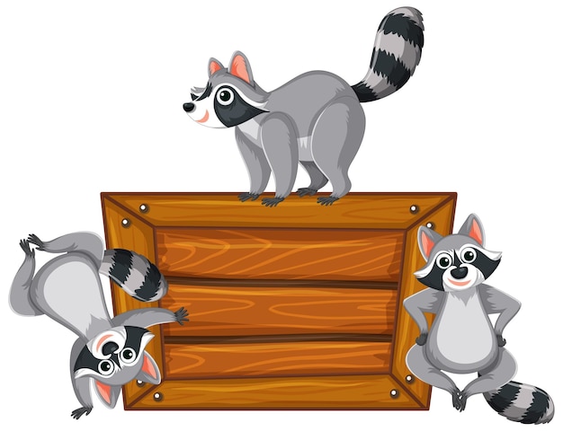 Free Vector cute raccoon cartoon standing around wooden board banner frame