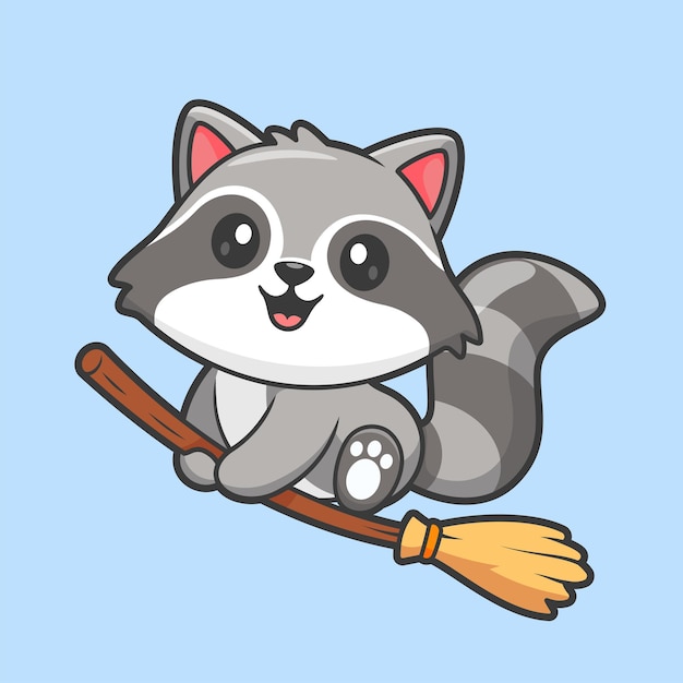 Free Vector cute raccoon flying with magic broom cartoon vector icon illustration animal holiday isolated flat