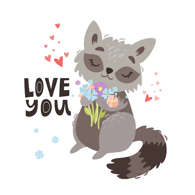 Free Vector cute raccoon illustration. love you